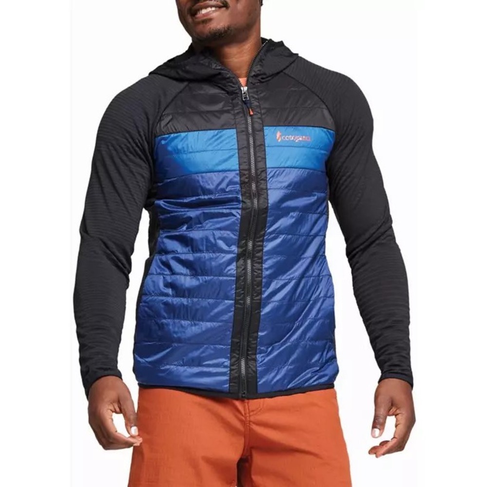Cotopaxi Mens Capa Insulated Hooded Jacket Blue Black Colorblock Puffer Large